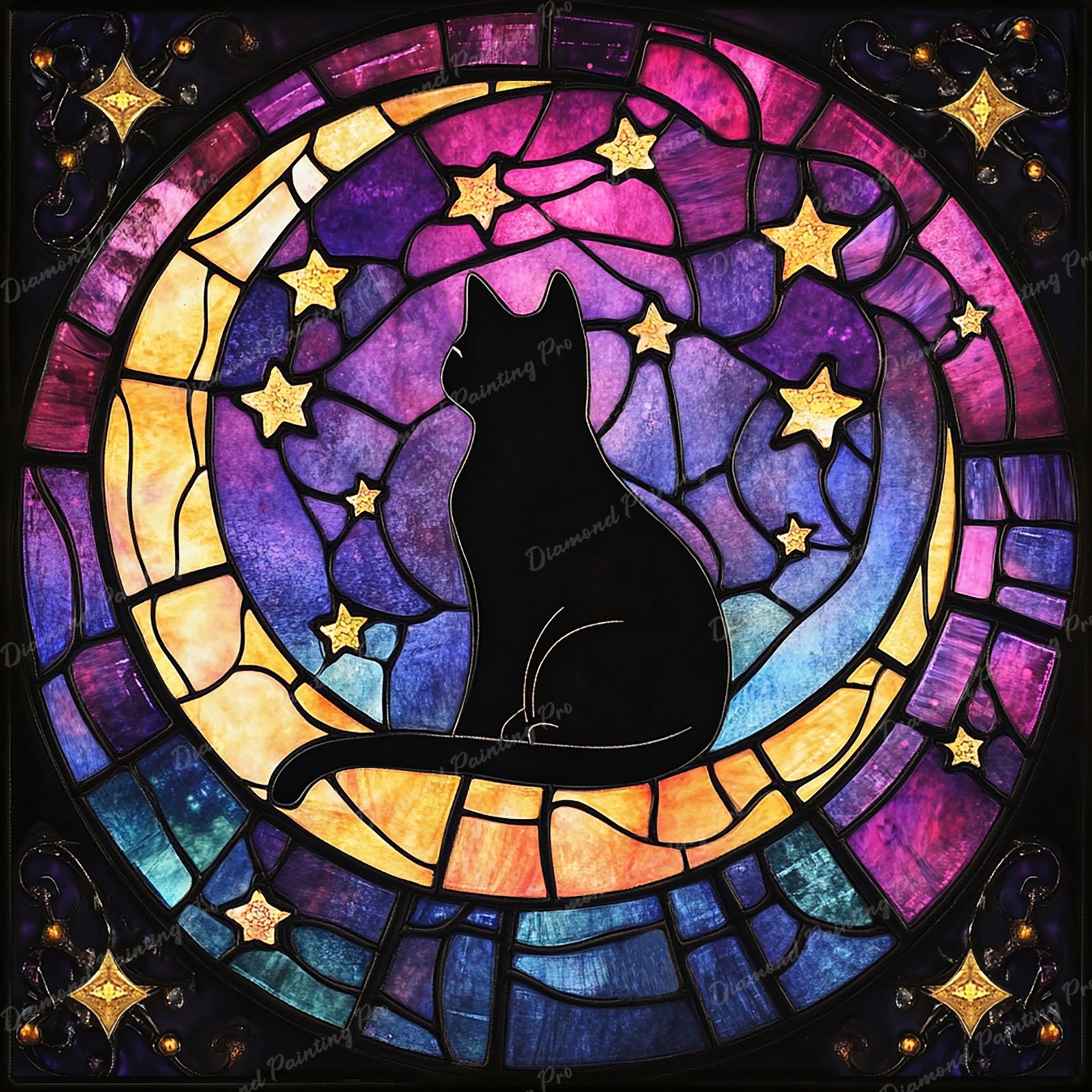 Stained Glass Lunar Cat Diamond Art Design - Full Drill with 5d Square or Round Diamonds / AB Drills Available