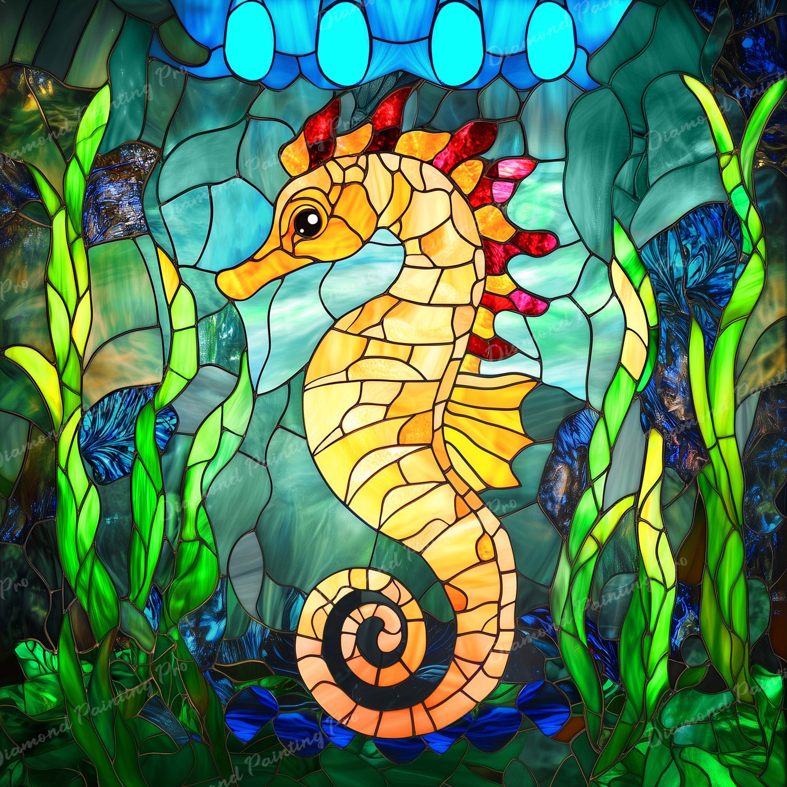 Stained Glass Seahorse | Diamond Painting Design - Full Drill Diamond Art with 5d Square or Round Diamonds - AB Drills Available