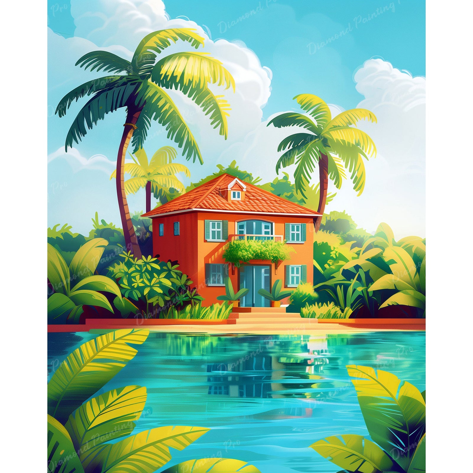 Tropical Lakeside House | Diamond Painting Design - Full Drill Diamond Art with 5d Square or Round Diamonds - AB Drills Available