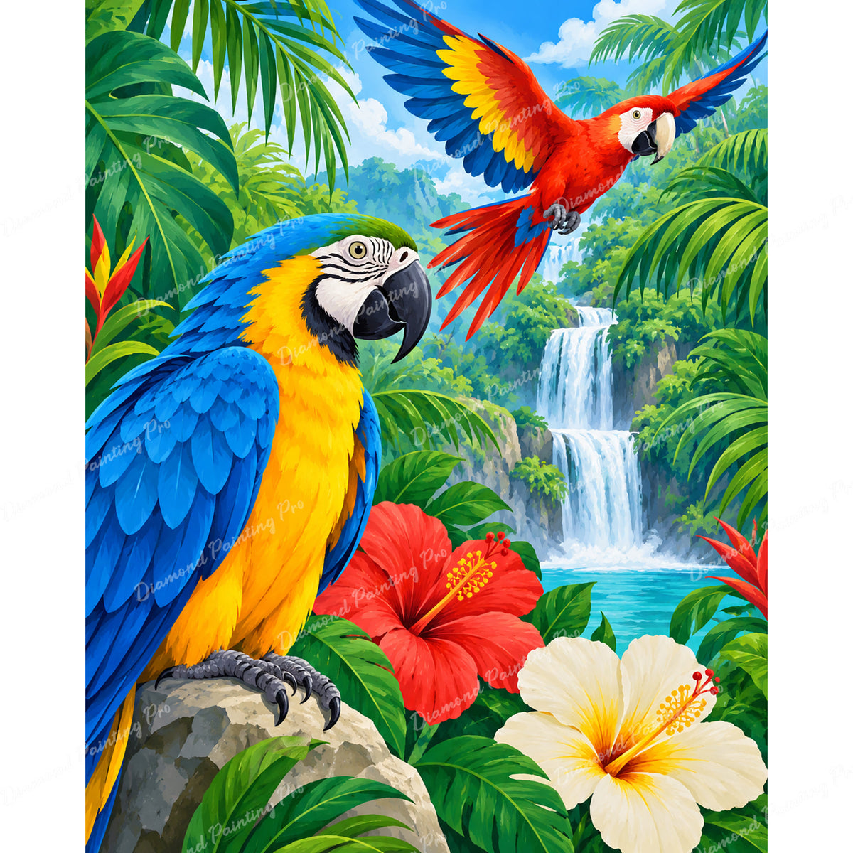 Tropical Paradise Macaw Diamond Art Design - Full Drill with 5d Square or Round Diamonds / AB Drills Available