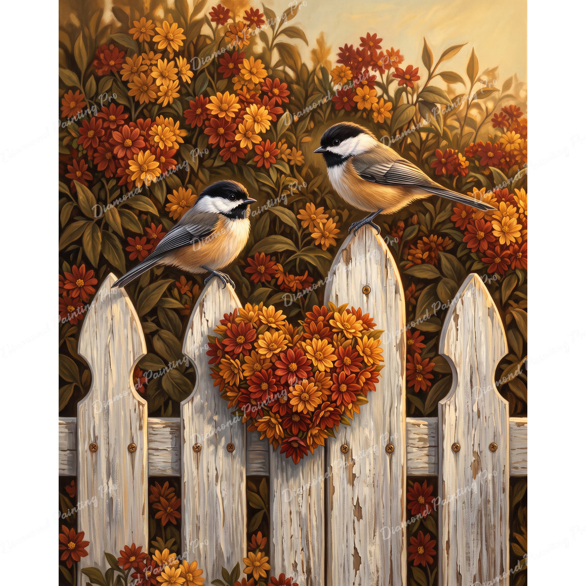 Wooden Fence Chickadees Diamond Art Design - Full Drill with 5d Square or Round Diamonds / AB Drills Available