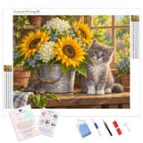Kitten and Sunflowers Diamond Painting Kit - Full Drill / Square or Round Diamonds with AB Drills Option
