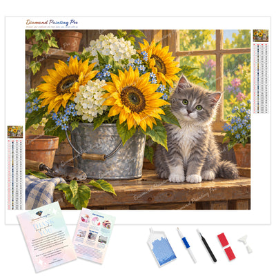 Kitten and Sunflowers Diamond Painting Kit - Full Drill / Square or Round Diamonds with AB Drills Option