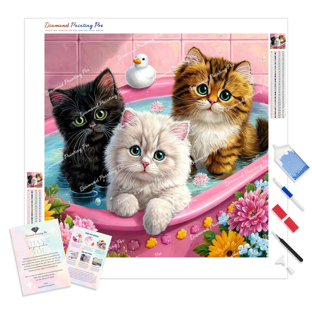 Kittens in Flower Bathtub Diamond Painting Kit - Full Drill / Square or Round Diamonds with AB Drills Option