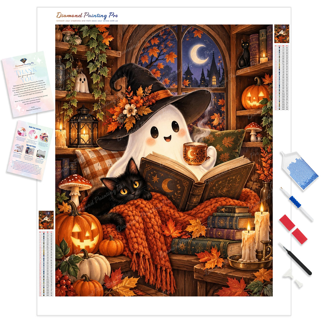 Little Ghost Cozy Read Diamond Painting Kit - Full Drill / Square or Round Diamonds with AB Drills Option