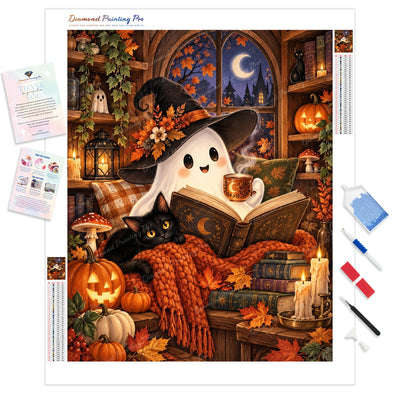 Little Ghost Cozy Read Diamond Painting Kit - Full Drill / Square or Round Diamonds with AB Drills Option