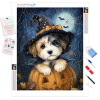 Little Witch Pup Diamond Painting Kit - Full Drill / Square or Round Diamonds with AB Drills Option