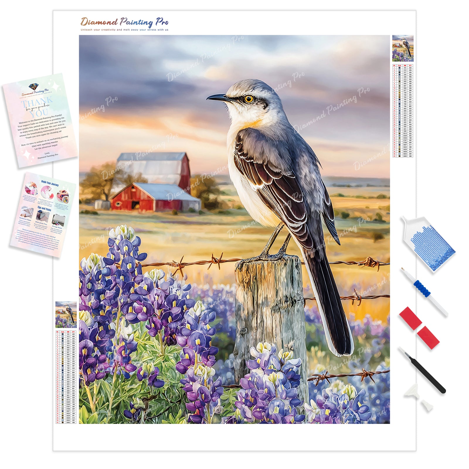 Mockingbird and Flowers Diamond Painting Kit - Full Drill / Square or Round Diamonds with AB Drills Option