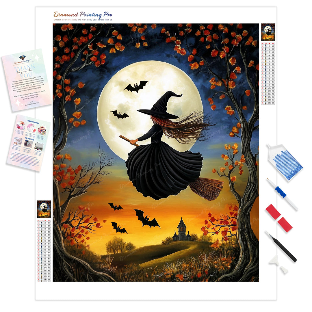 Moonlit Blooms and Broomsticks | Diamond Painting Kit - Full Drill - Square or Round Diamonds with AB Drills Option