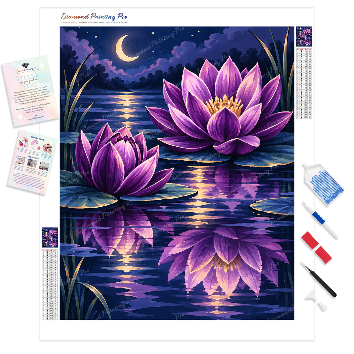 Moonlit Water Lily Diamond Painting Kit - Full Drill / Square or Round Diamonds with AB Drills Option