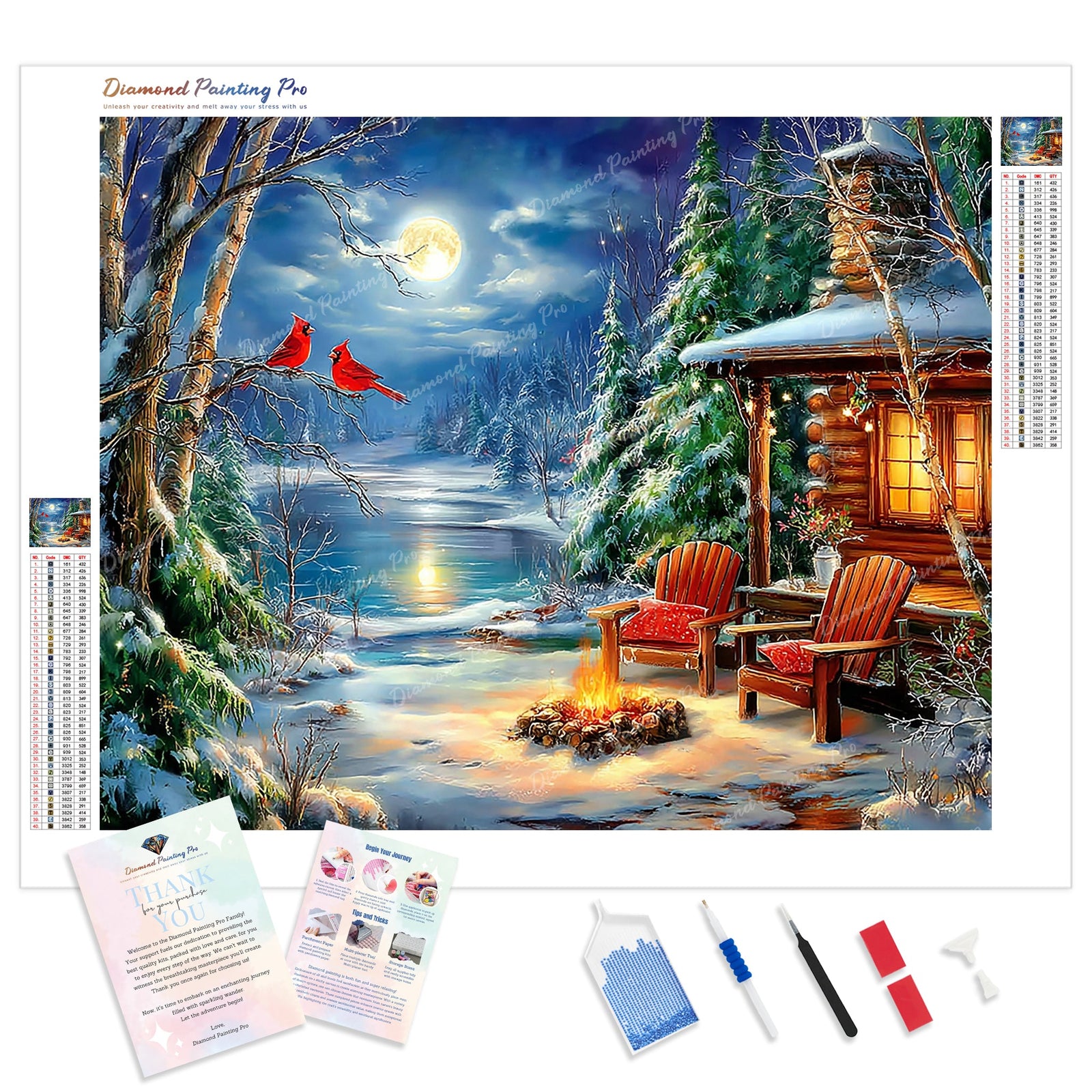 Moonlit Winter Fireside Diamond Painting Kit - Full Drill / Square or Round Diamonds with AB Drills Option