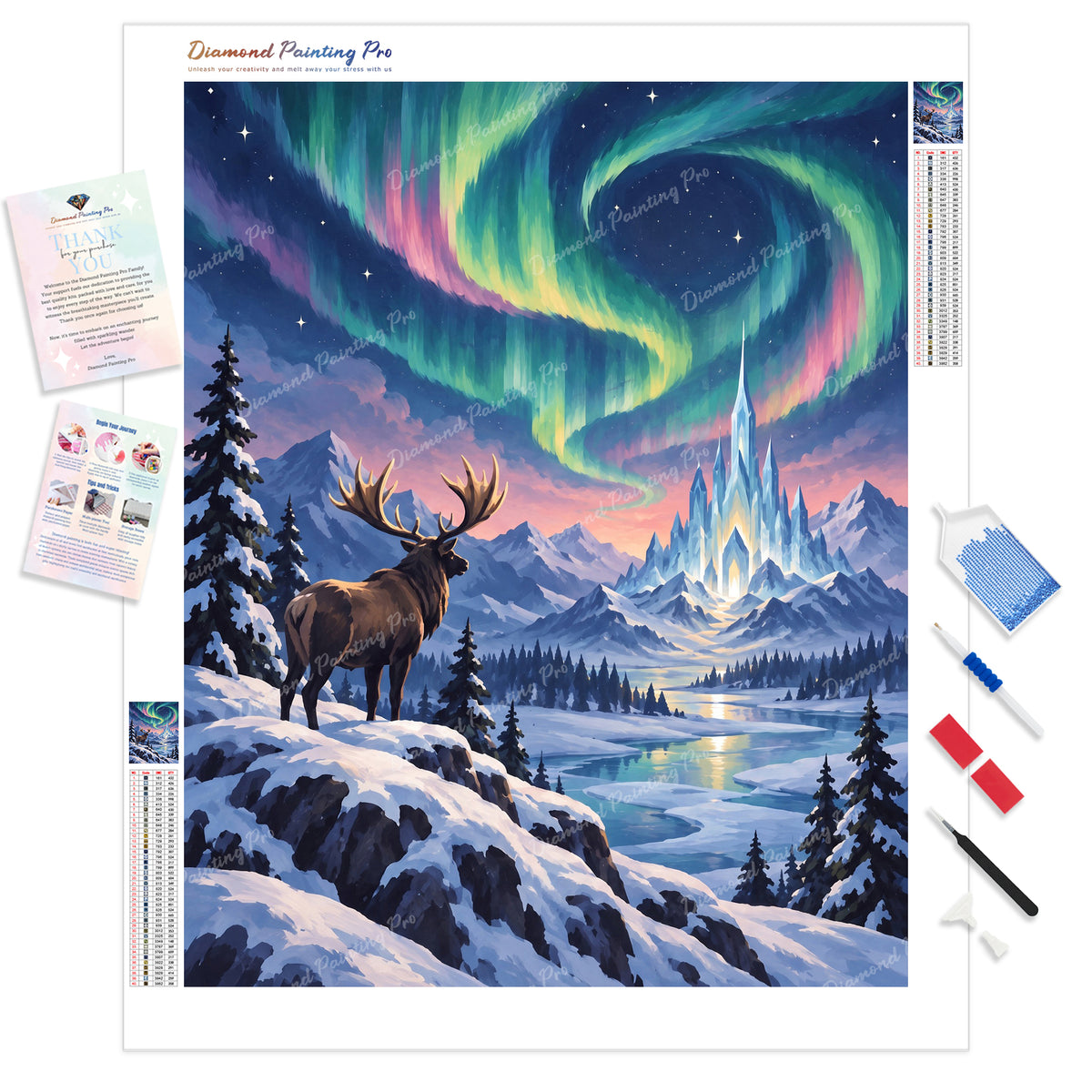 Moose and Ice Castle Diamond Painting Kit - Full Drill / Square or Round Diamonds with AB Drills Option