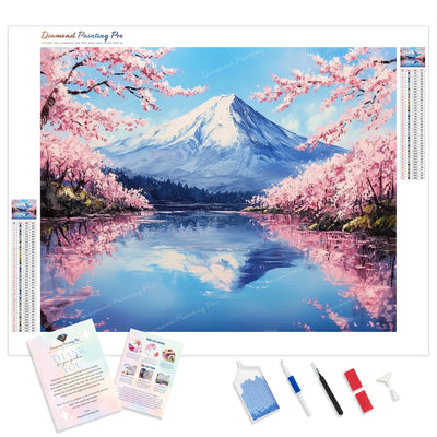 Mount Fuji and Blossoms Diamond Painting Kit - Full Drill / Square or Round Diamonds with AB Drills Option