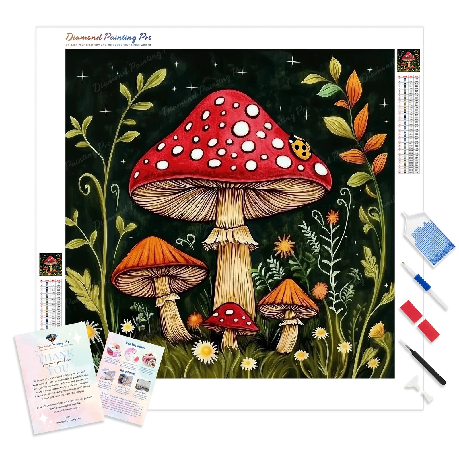 Mushrooms and Ladybug Diamond Painting Kit - Full Drill / Square or Round Diamonds with AB Drills Option