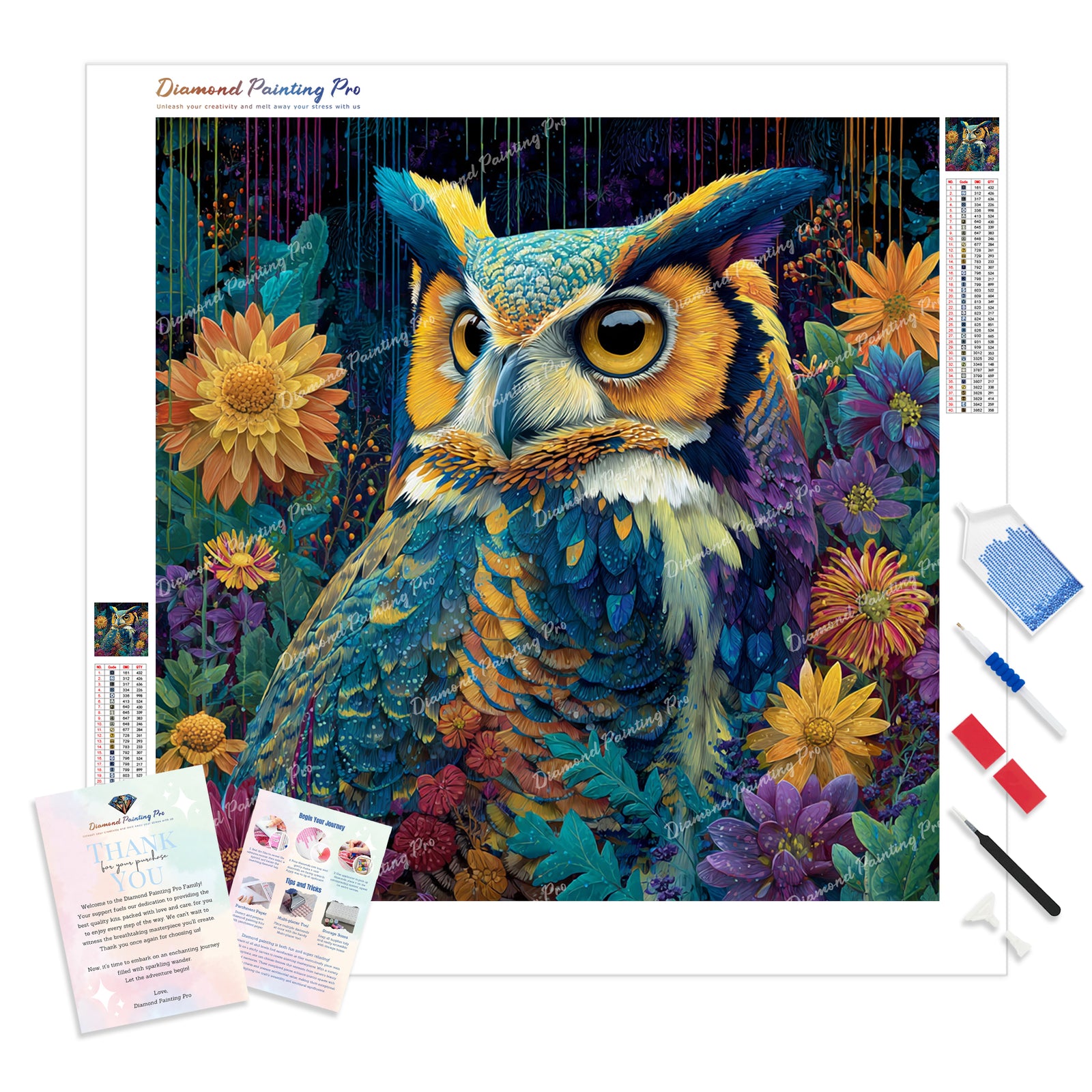 Owl in Floral Bloom Diamond Painting Kit - Full Drill / Square or Round Diamonds with AB Drills Option