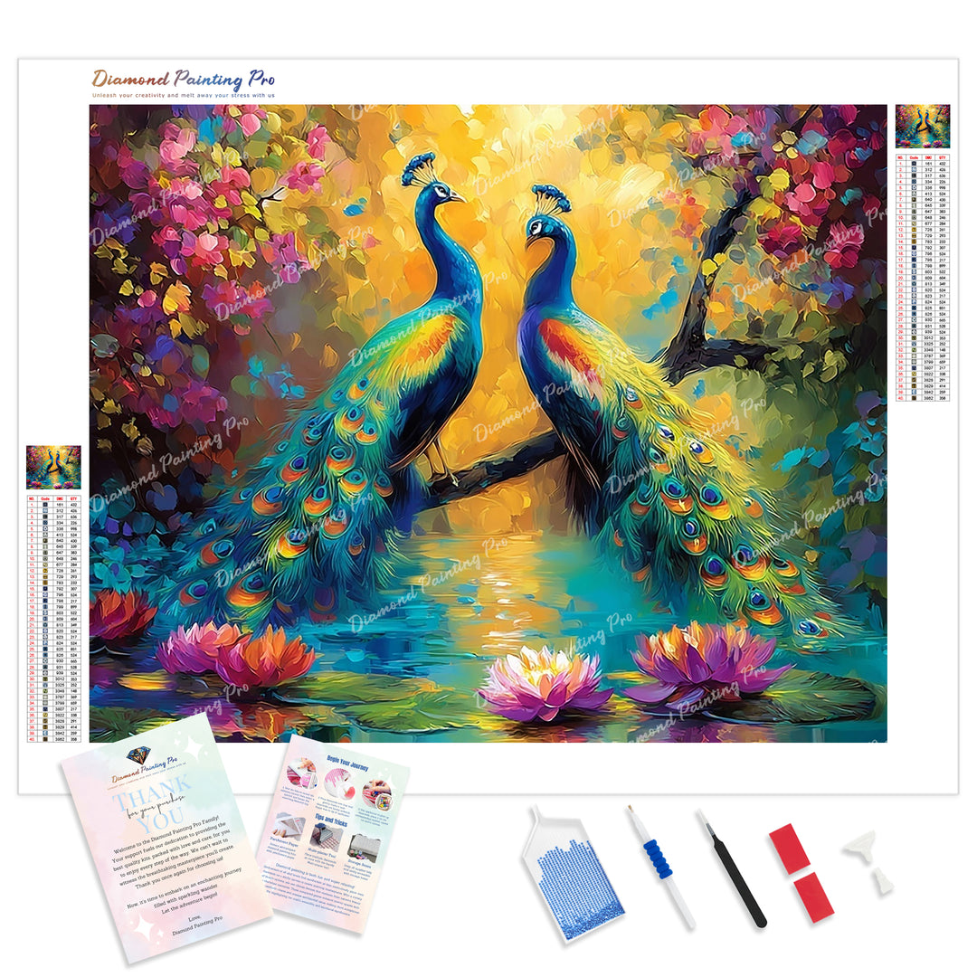 Peacocks in Enchanted Garden Diamond Painting Kit - Full Drill / Square or Round Diamonds with AB Drills Option