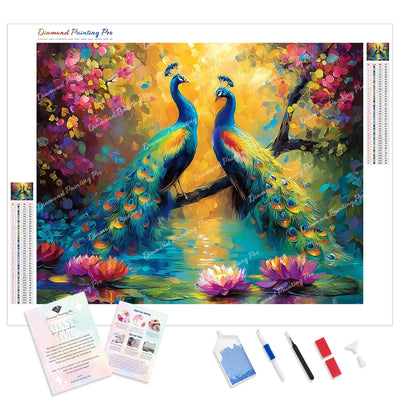 Peacocks in Enchanted Garden Diamond Painting Kit - Full Drill / Square or Round Diamonds with AB Drills Option