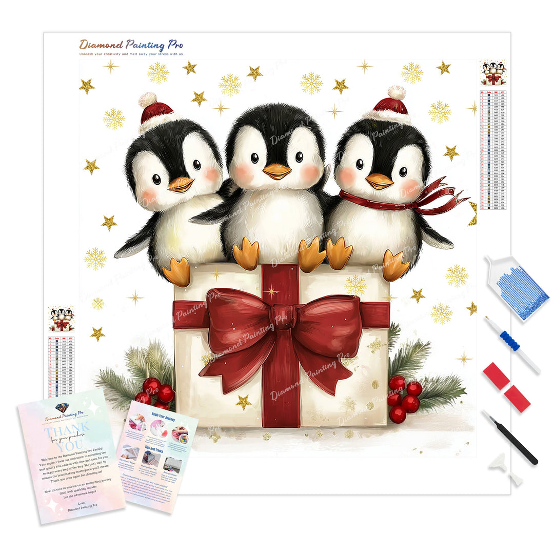 Penguin and Presents Diamond Painting Kit - Full Drill / Square or Round Diamonds with AB Drills Option