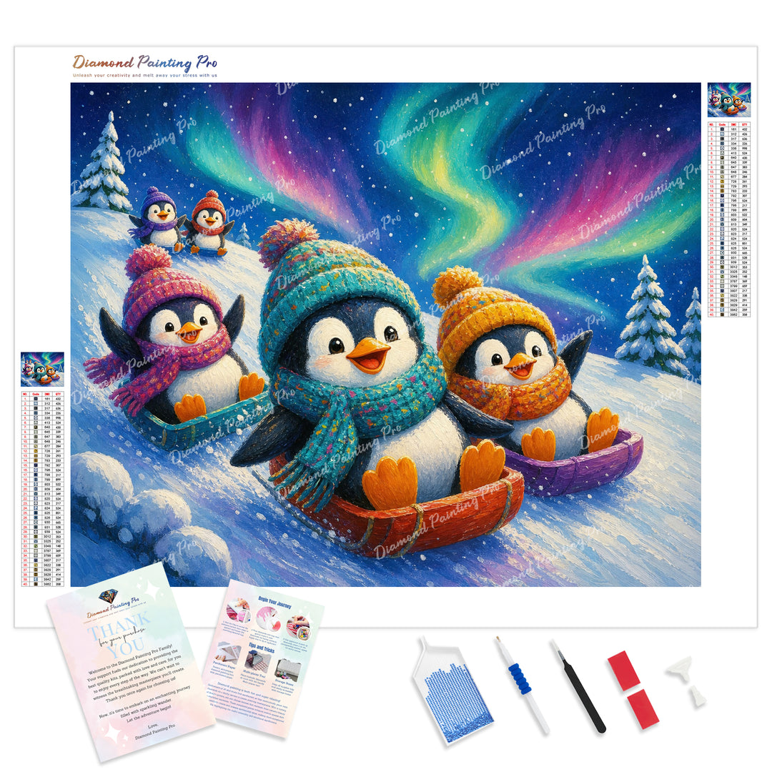 Penguins Sled Race Diamond Painting Kit - Full Drill / Square or Round Diamonds with AB Drills Option