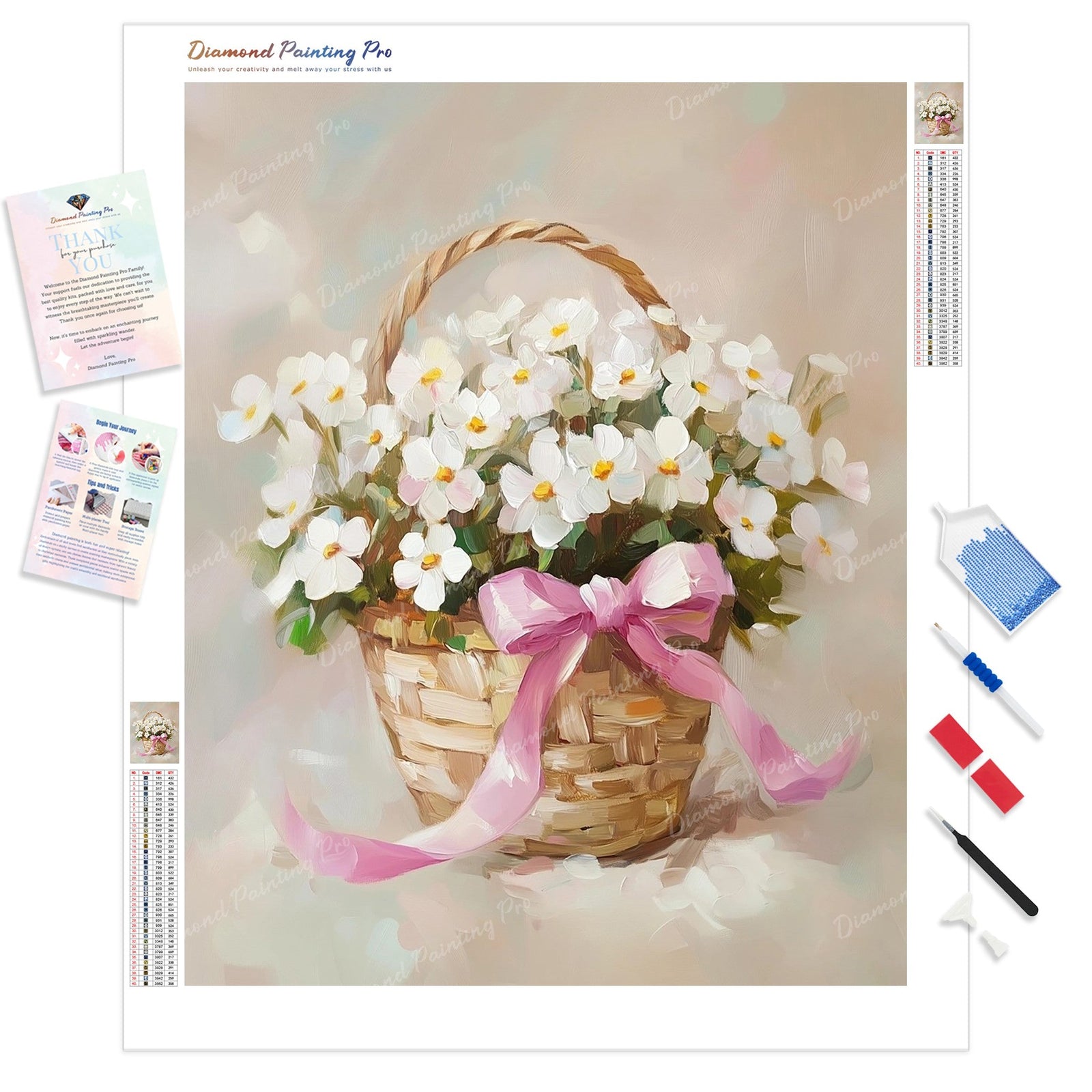 Pink Bow Flower Basket Diamond Painting Kit - Full Drill / Square or Round Diamonds with AB Drills Option