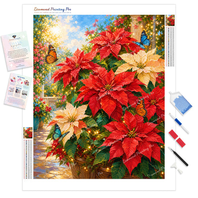Poinsettias in Bloom Diamond Painting Kit - Full Drill / Square or Round Diamonds with AB Drills Option