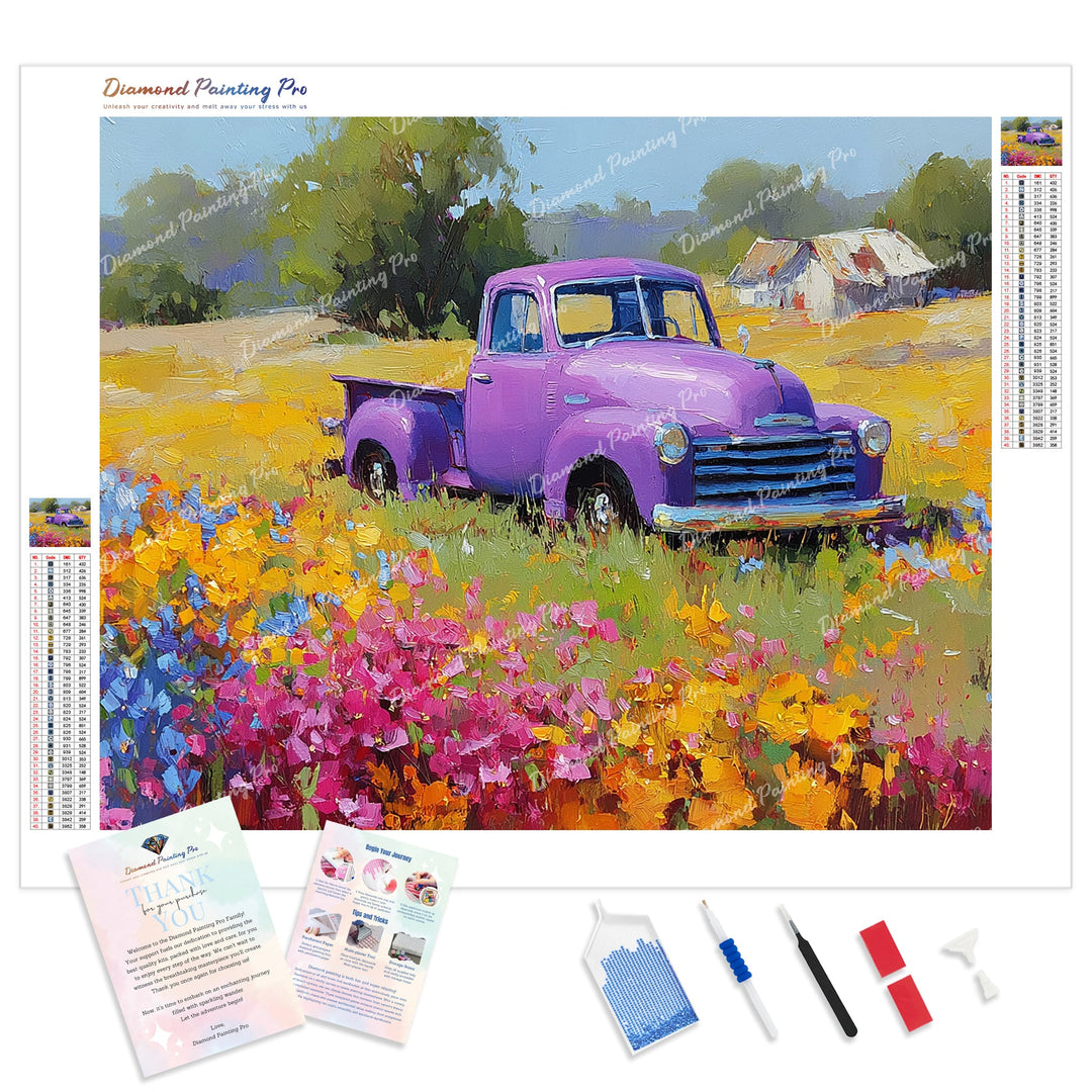 Purple Truck Meadow Diamond Painting Kit - Full Drill / Square or Round Diamonds with AB Drills Option