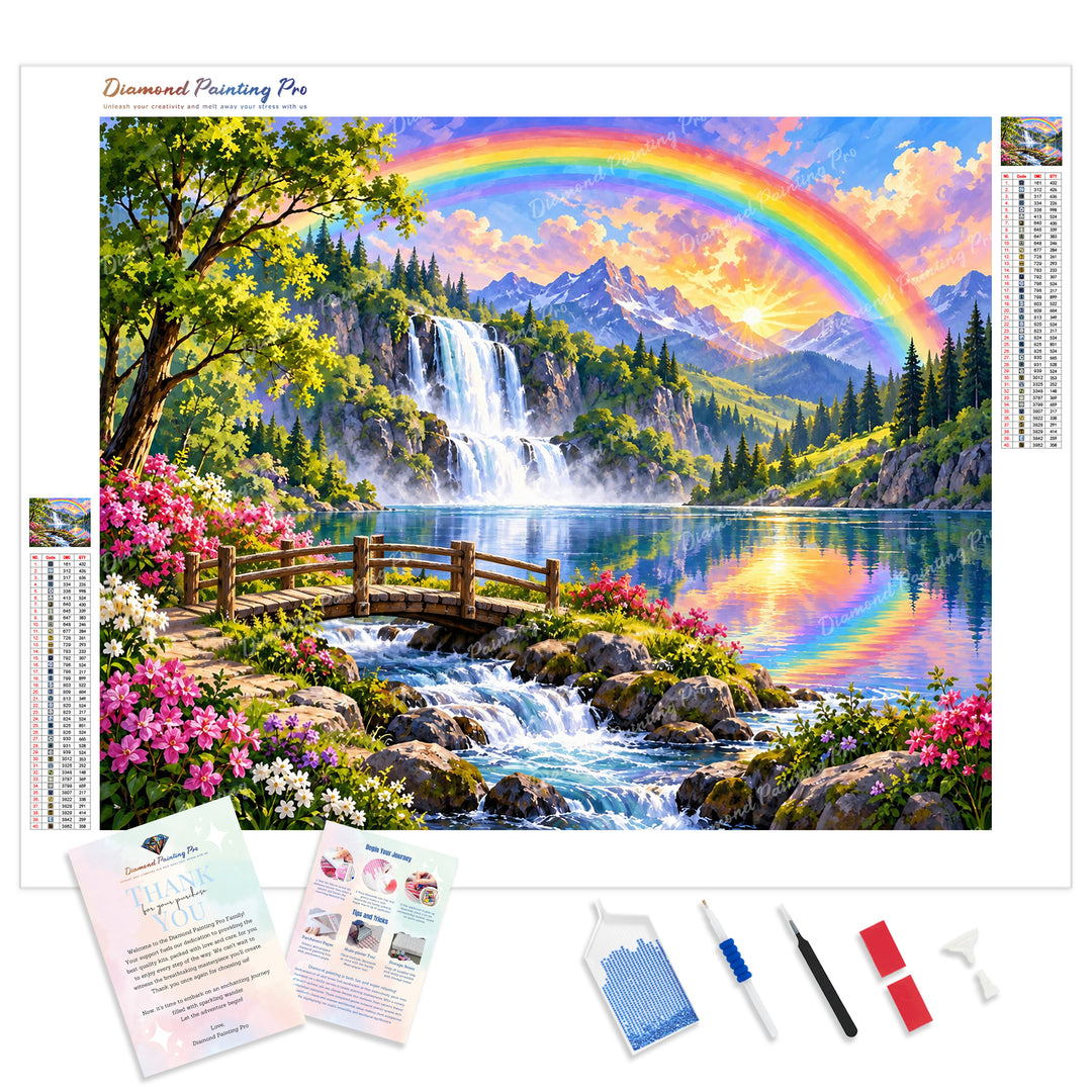 Rainbow Falls Valley Diamond Painting Kit - Full Drill / Square or Round Diamonds with AB Drills Option