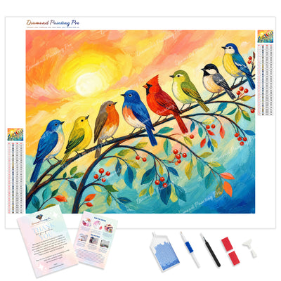 Rainbow Songbirds Diamond Painting Kit - Full Drill / Square or Round Diamonds with AB Drills Option