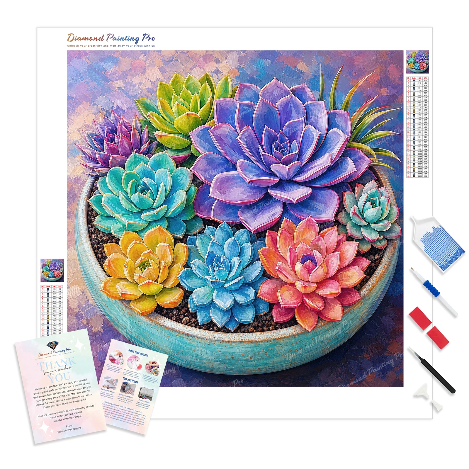 Rainbow Succulent Diamond Painting Kit - Full Drill / Square or Round Diamonds with AB Drills Option