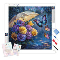 Raindrop Roses and Butterflies Diamond Painting Kit - Full Drill / Square or Round Diamonds with AB Drills Option