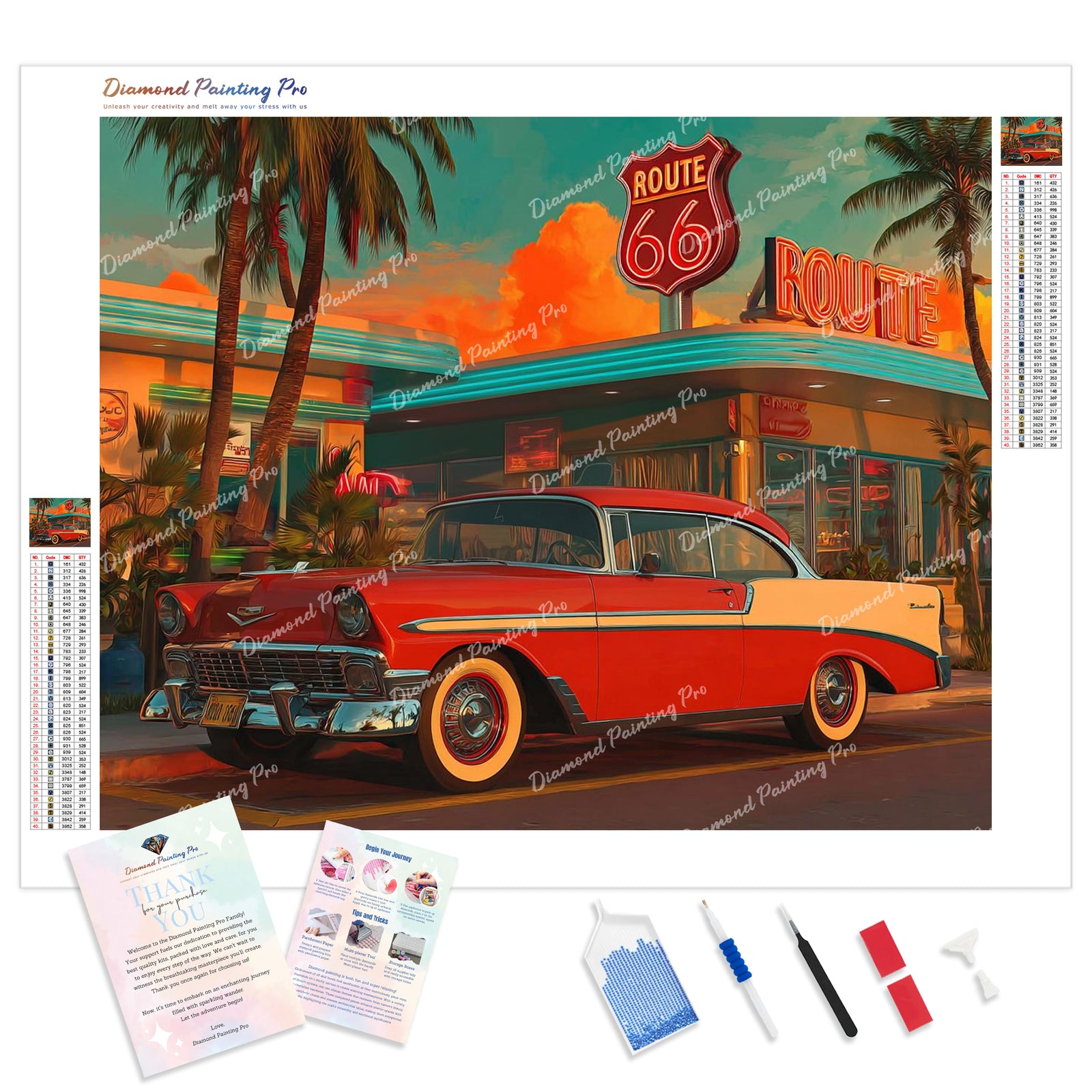 Red Vintage Car and Diner Diamond Painting Kit - Full Drill / Square or Round Diamonds with AB Drills Option