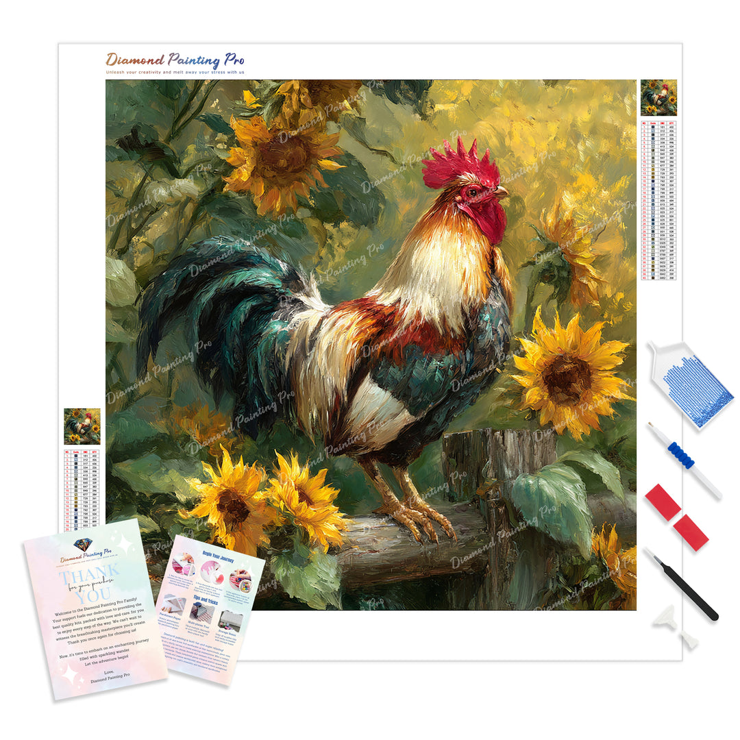 Rooster and Sunflowers Diamond Painting Kit - Full Drill / Square or Round Diamonds with AB Drills Option