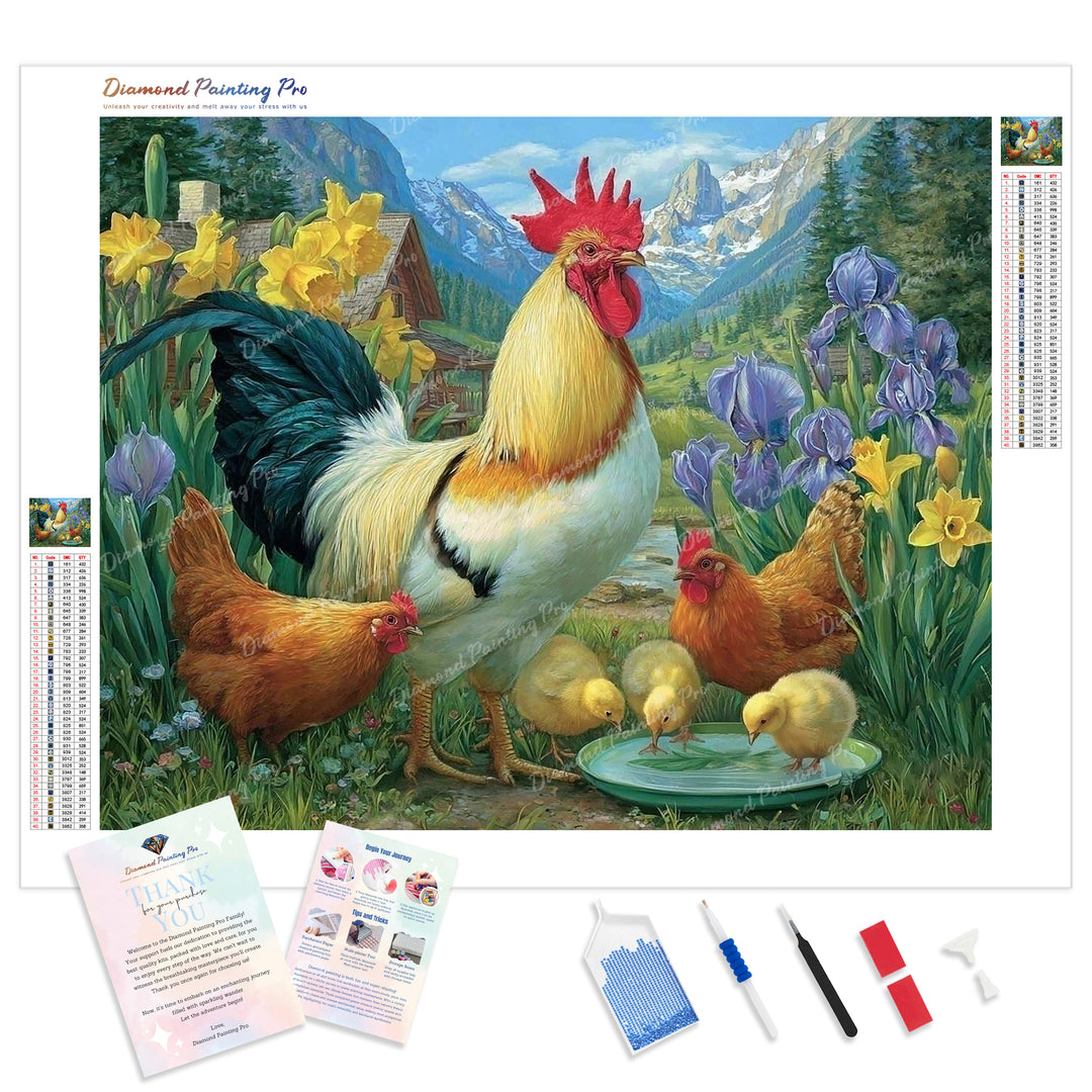 Rooster Family Diamond Painting Kit - Full Drill / Square or Round Diamonds with AB Drills Option