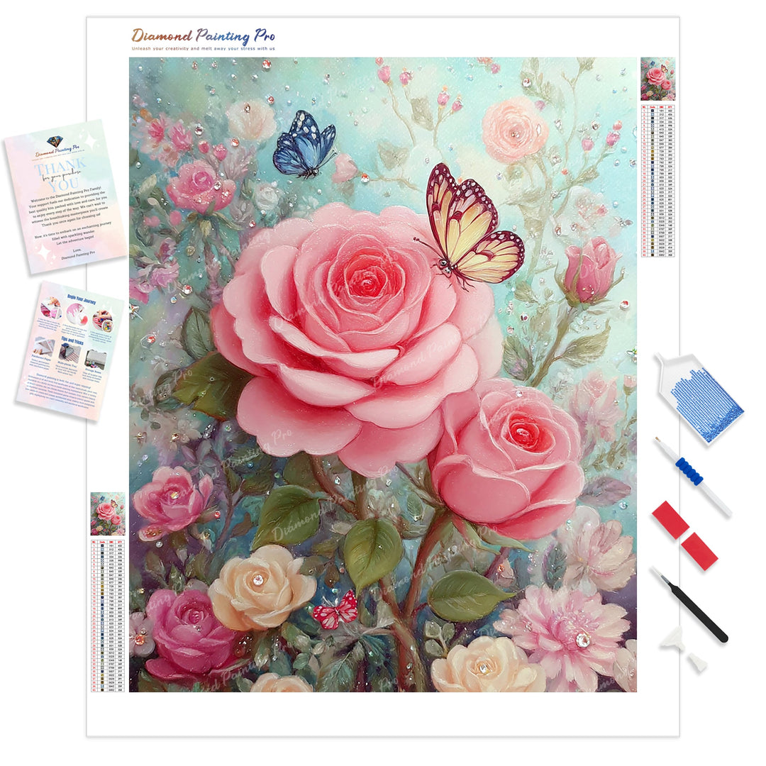 Rose Garden and Butterflies Diamond Painting Kit - Full Drill / Square or Round Diamonds with AB Drills Option
