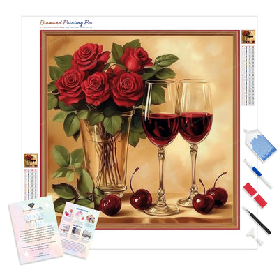 Roses and Wine Diamond Painting Kit - Full Drill / Square or Round Diamonds with AB Drills Option