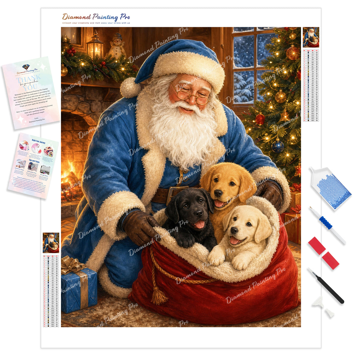 Santa with Puppies Diamond Painting Kit - Full Drill / Square or Round Diamonds with AB Drills Option