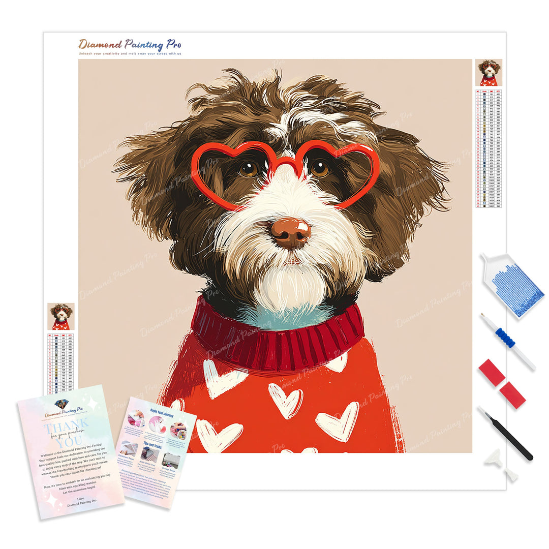 Scruffy Dog in Heart Glasses Diamond Painting Kit - Full Drill / Square or Round Diamonds with AB Drills Option