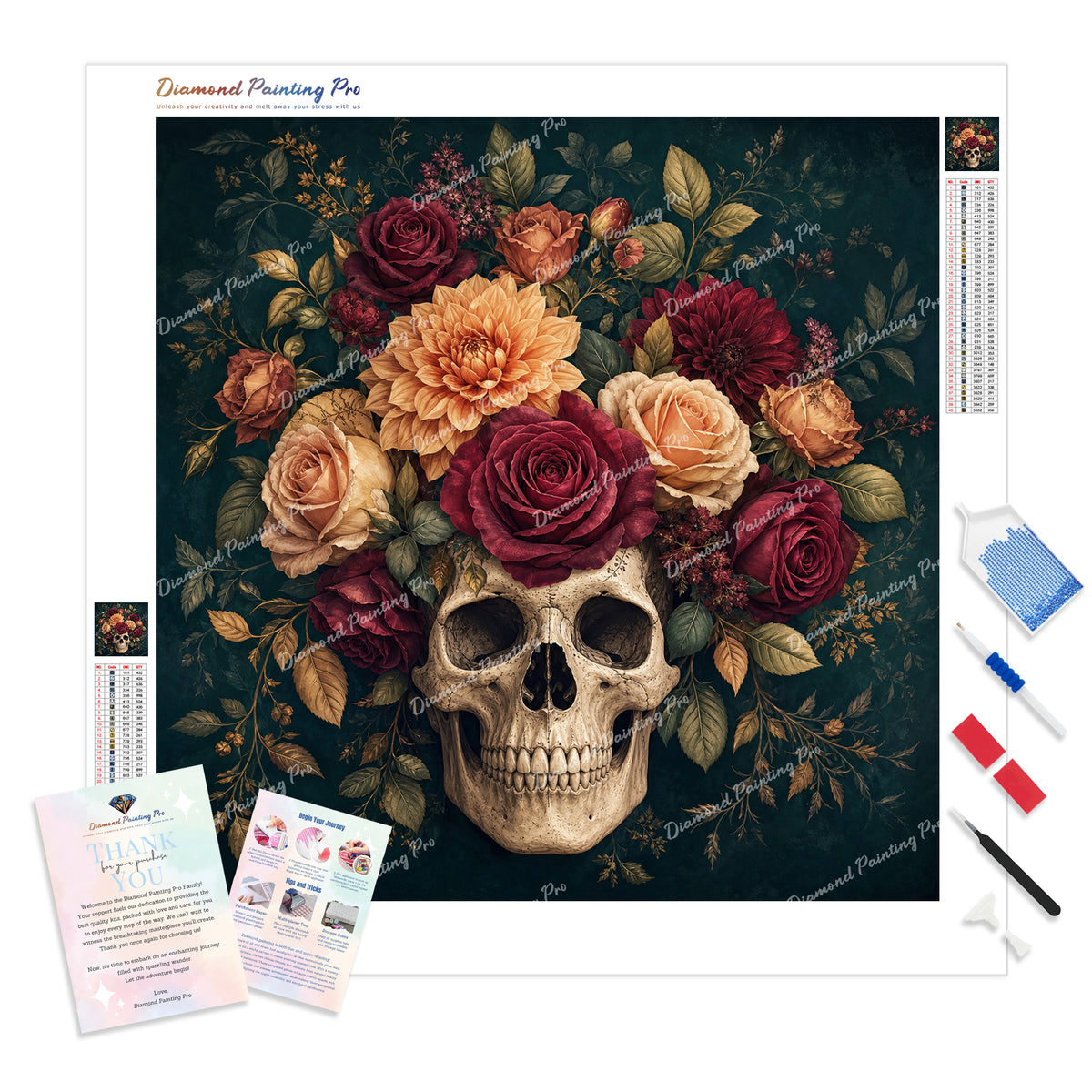 Skull and Roses Diamond Painting Kit - Full Drill / Square or Round Diamonds with AB Drills Option