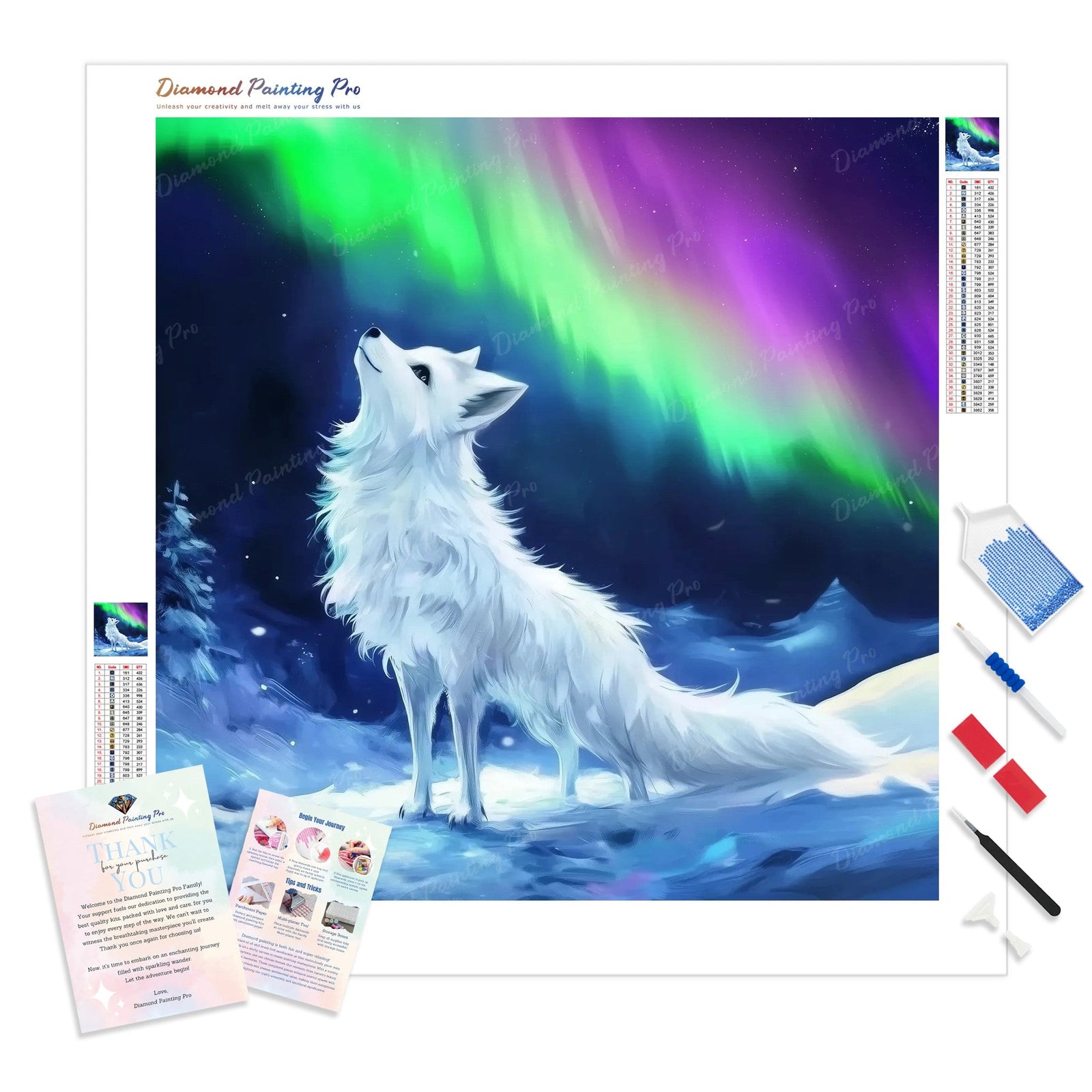 Snow Fox and Northern Lights Diamond Painting Kit - Full Drill / Square or Round Diamonds with AB Drills Option