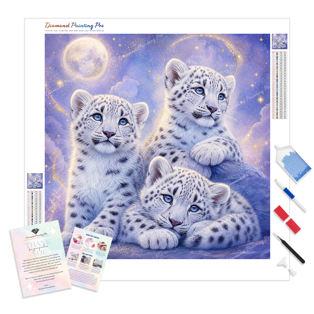 Snow Leopard Cubs Diamond Painting Kit - Full Drill / Square or Round Diamonds with AB Drills Option