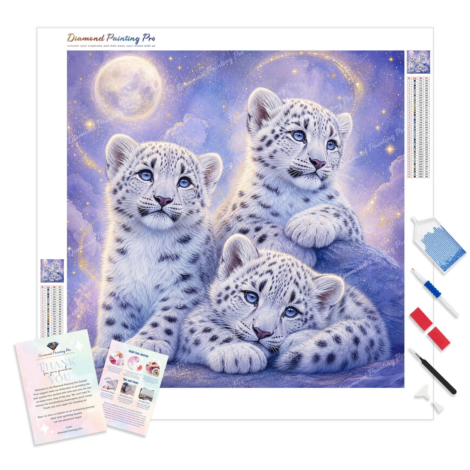 Snow Leopard Cubs Diamond Painting Kit - Full Drill / Square or Round Diamonds with AB Drills Option