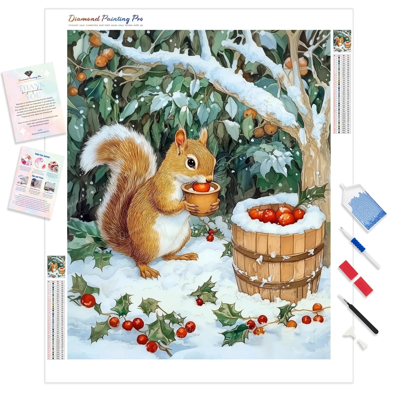 Squirrel and Berries Diamond Painting Kit - Full Drill / Square or Round Diamonds with AB Drills Option