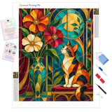 Stained-Glass Calico Cat Diamond Painting Kit - Full Drill / Square or Round Diamonds with AB Drills Option
