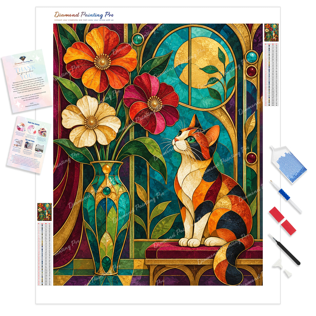 Stained-Glass Calico Cat Diamond Painting Kit - Full Drill / Square or Round Diamonds with AB Drills Option
