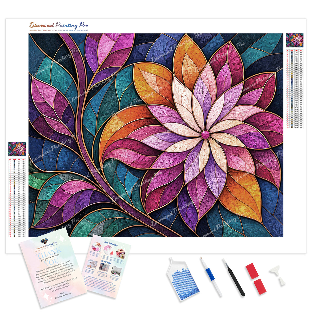 Stained-Glass Floral Diamond Painting Kit - Full Drill / Square or Round Diamonds with AB Drills Option