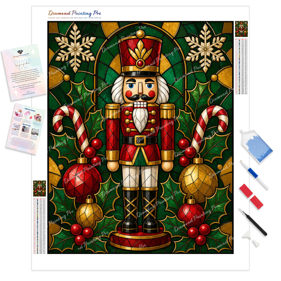 Stained-Glass Nutcracker Diamond Painting Kit - Full Drill / Square or Round Diamonds with AB Drills Option