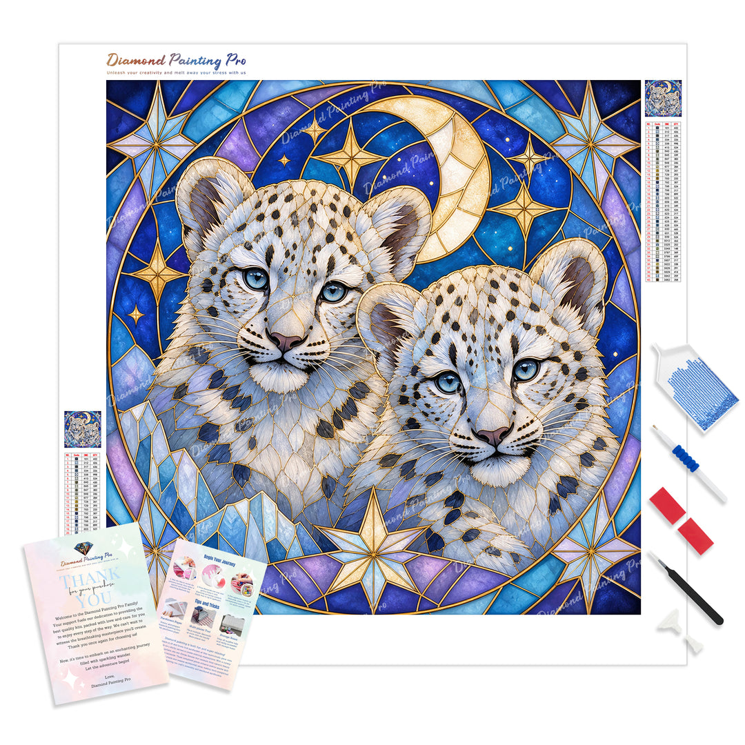 Stained-Glass Snow Leopard Diamond Painting Kit - Full Drill / Square or Round Diamonds with AB Drills Option