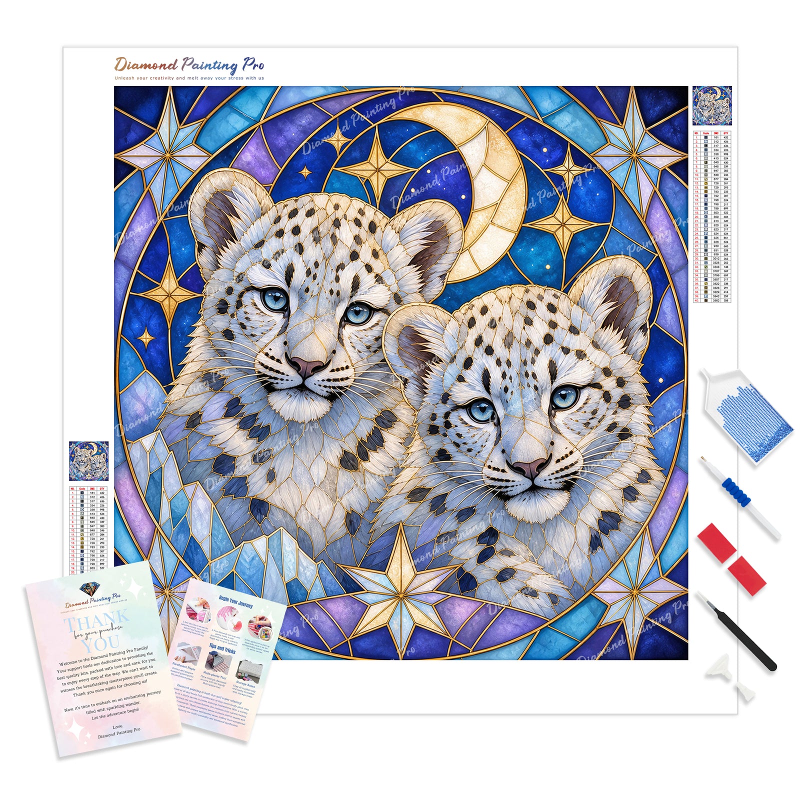 Stained-Glass Snow Leopard Diamond Painting Kit - Full Drill / Square or Round Diamonds with AB Drills Option