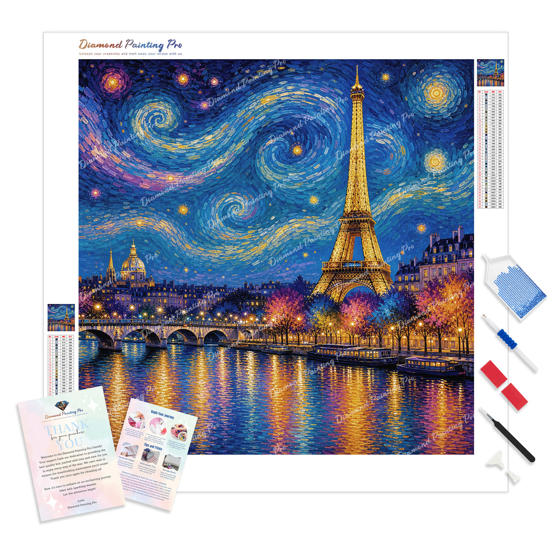 Starry Night Paris Diamond Painting Kit - Full Drill / Square or Round Diamonds with AB Drills Option