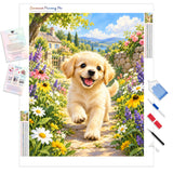 Sunlit Puppy Trot Diamond Painting Kit - Full Drill / Square or Round Diamonds with AB Drills Option